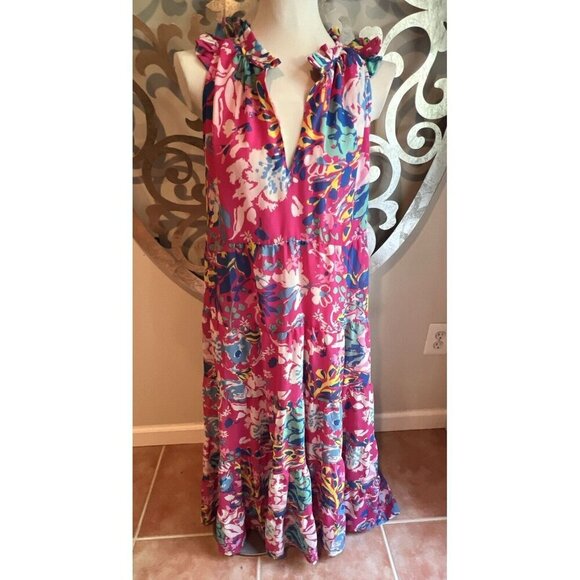 Mud Pie PINK Indy FLORAL MAXI DRESS Women’s Size Medium Spring Summer Dress - Picture 1 of 11